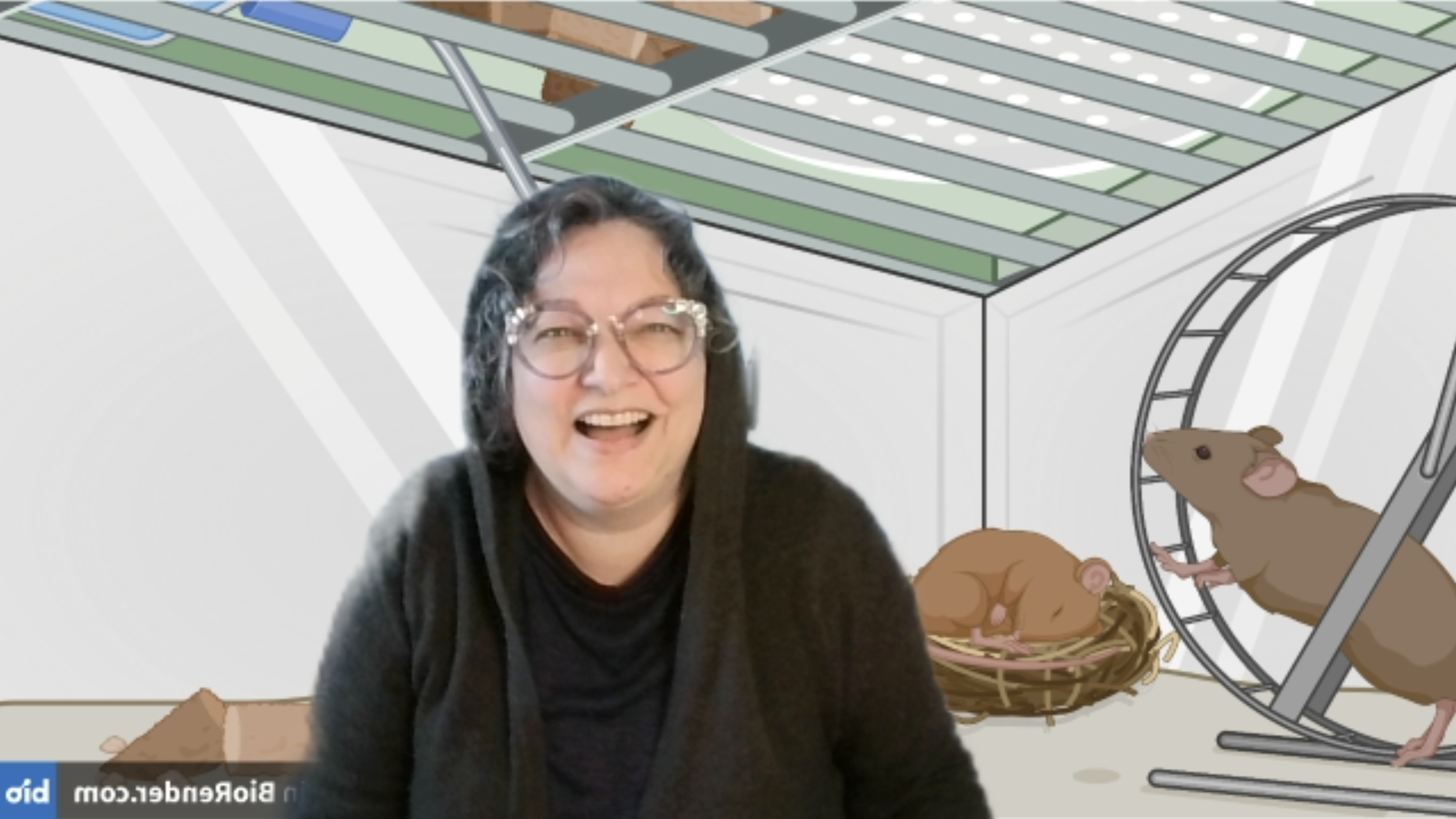 Cheryl is using a BioRender illustrated virtual background drawn from the perspective inside a mouse cage in Google Meet