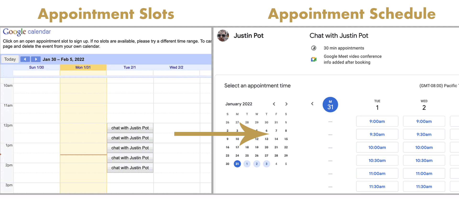Screenshot of old style Appointment Slots on the left and new Appointment Schedules on the right.