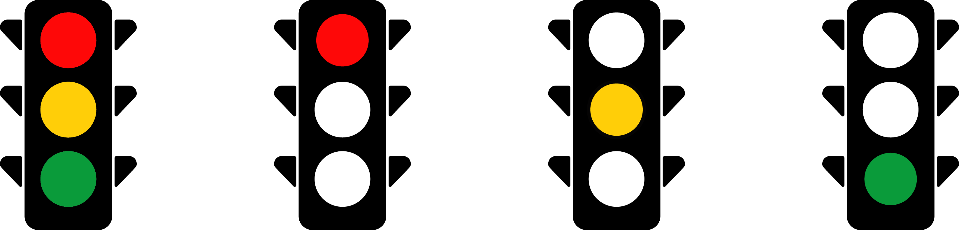 Four vertical traffic light icons: first shows red, yellow, and green lights; second shows red and two white circles; third shows yellow, white, and green lights; fourth shows a green light with two white circles.