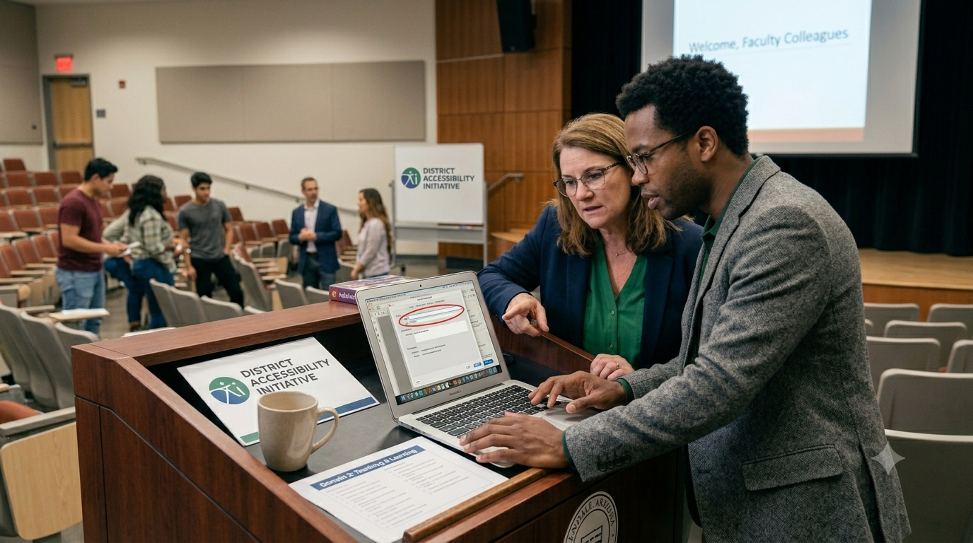 Two people discuss something on a laptop at a podium in a lecture hall with "District Accessibility Initiative" signage.