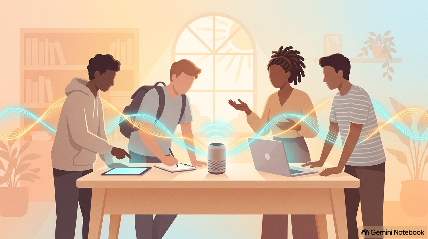 Four individuals collaborate at a wooden table, surrounded by a tablet, a laptop, and a smart speaker. Sound waves arc around the speaker as they engage in conversation in a brightly lit room.