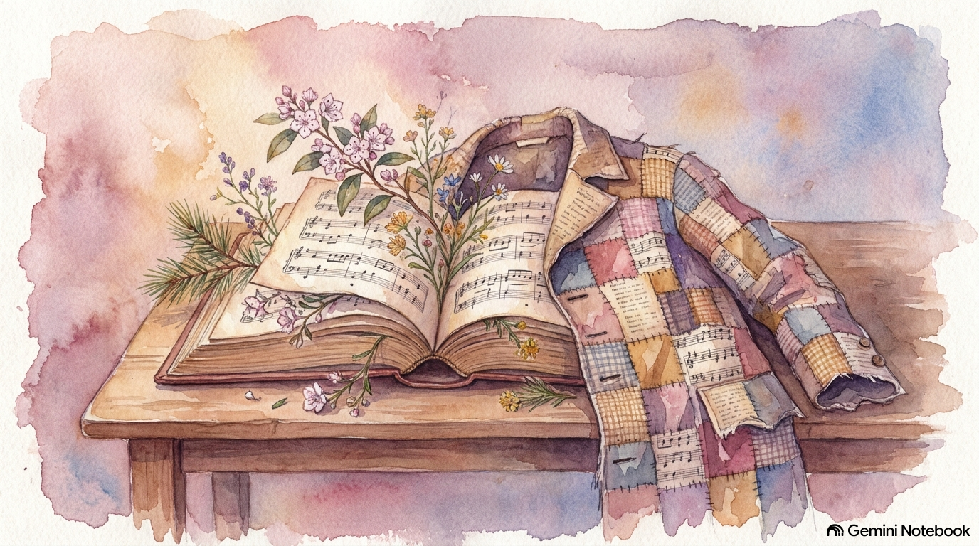 An open book with musical notes sits on a wooden table, accompanied by a patchwork shirt and colorful flowers emerging from the book.