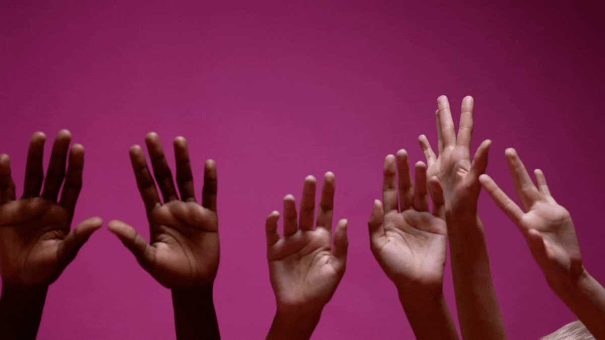 Five raised hands of varied skin tones against a magenta background, with the text “Engage Students with Polls!”